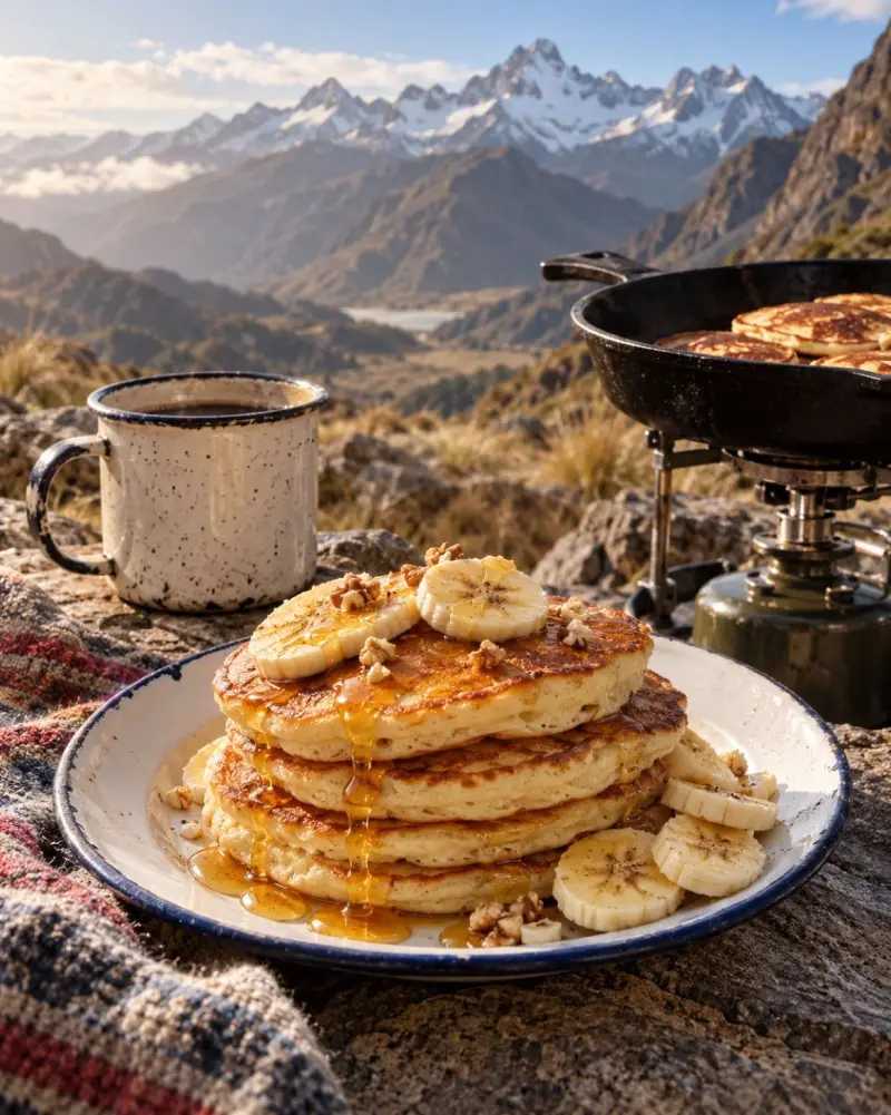 Pila de pancakes con vista a la montaña