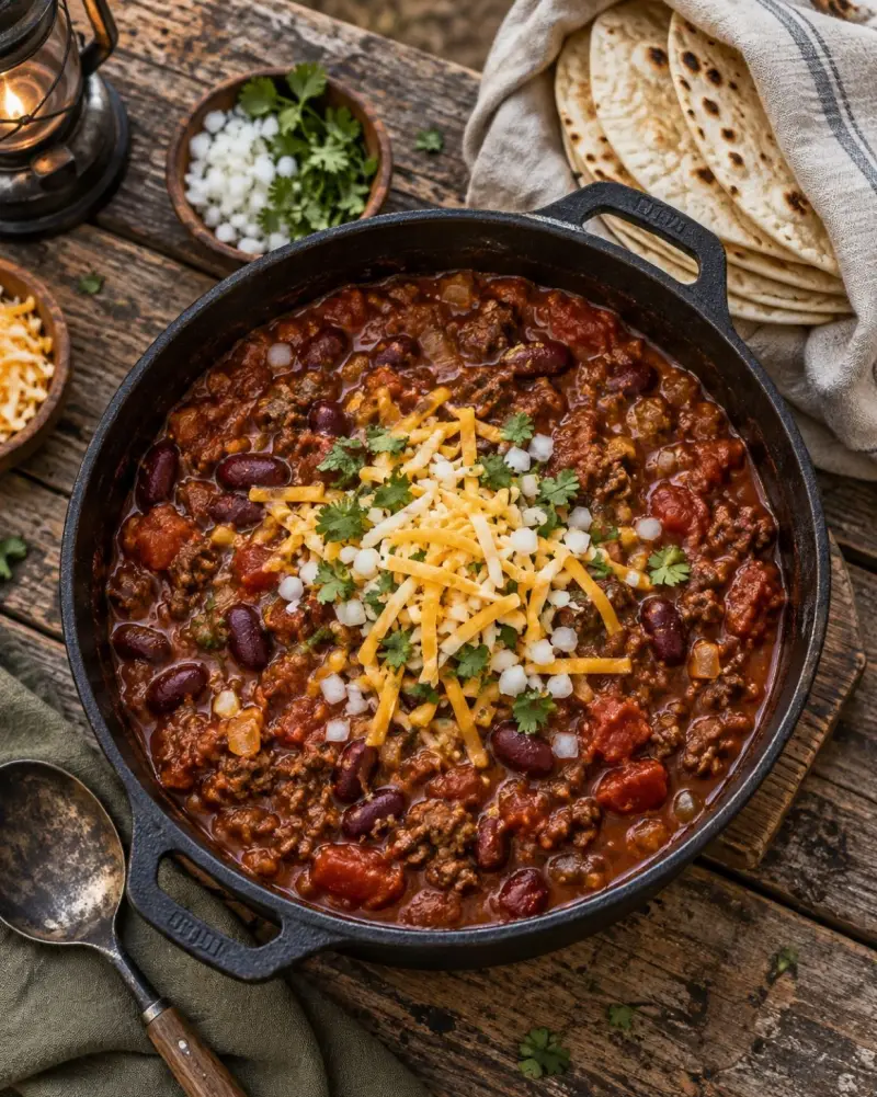 Olla de chili con carne en el campamento