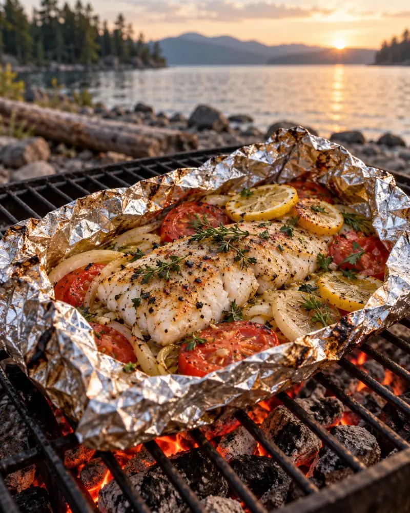 Pescado envuelto en papel aluminio sobre brasas