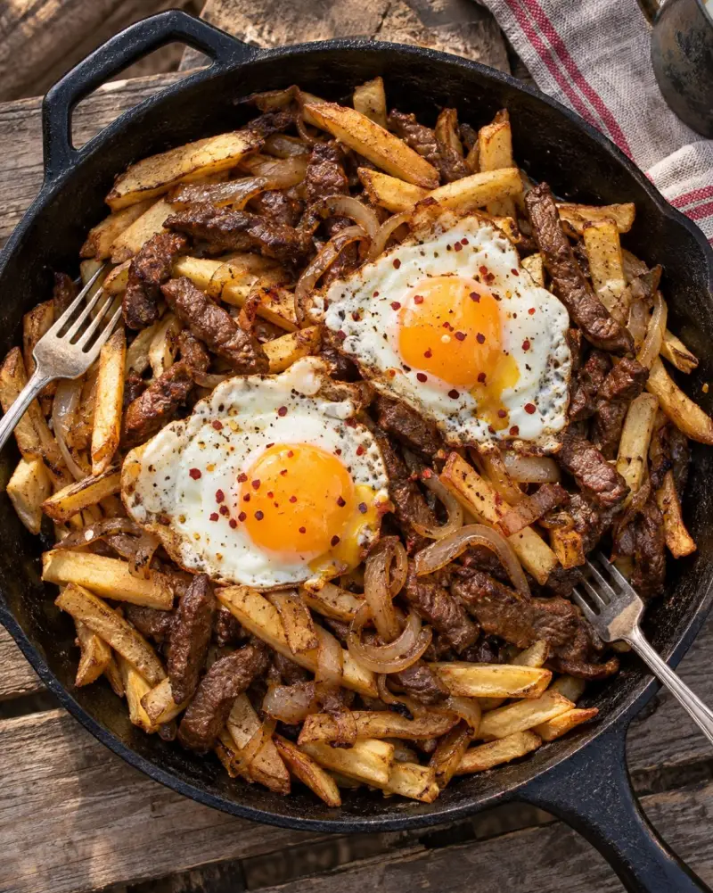 Chorrillana con huevo frito en sartén sobre la cocinilla