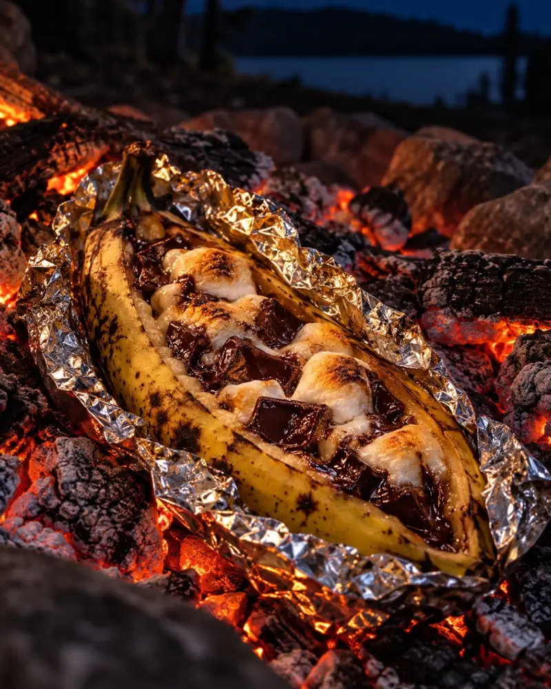 Plátano con chocolate derretido a las brasas